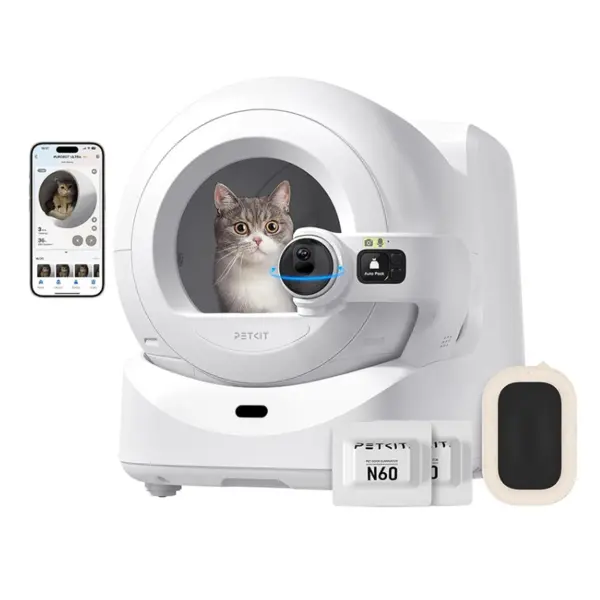 PETKIT Litiera inteligenta cu autocuratare, PetKit Purobot Ultra Self-Cleaning , AI-Powered Camera pentru pisici, Recunoastere faciala, 10L, Alb
