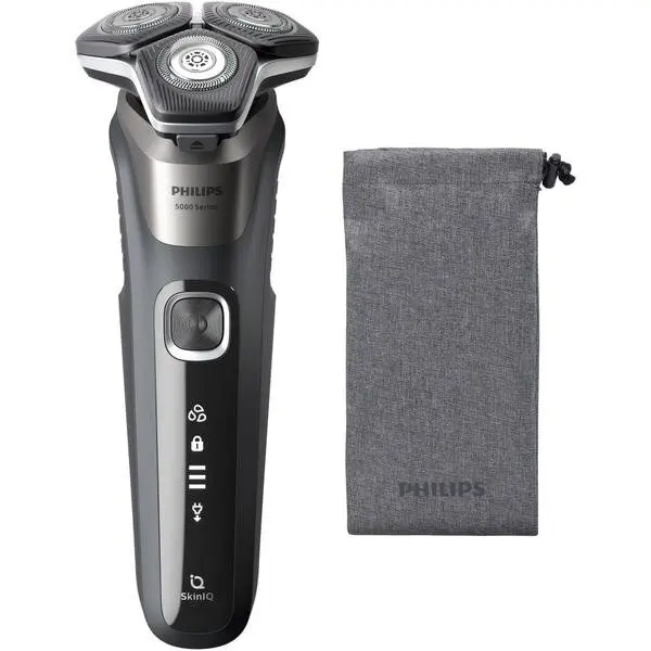 Philips Aparat de barbierit Philips Shaver Seria 5000 S5887/10, barbierit umed/uscat, tehnologie SkinIQ, fara fir, capete flexibile 360°, display LED, senzor Power Adapt, lame auto-ascutire, lama de tuns integrata, 60 min, husa, Gri