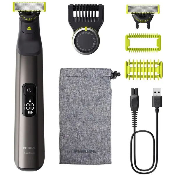 Philips Aparat de ras hibrid, Philips OneBlade Pro QP6552/15, barbierit, tuns barba si parul corporal, Acumulator, Autonomie 120 minute, Crom