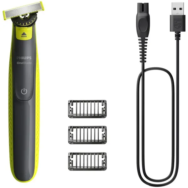 Philips Aparat de ras Philips OneBlade QP2724/23, Rezistent la apa, lama 360, 3 piepteni, Autonomie 45 minute, Verde