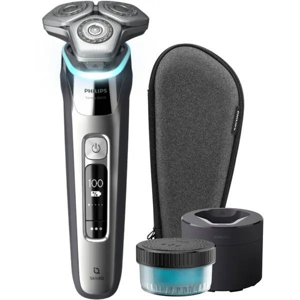 Philips Aparat de ras Philips Shaver Seria 9000 S9975/55, barbierit umed si uscat, fara fir, tehnologie SkinIQ, capete flexibile 360°, lame autoascutire, personalizare prin aplicatie, senzor Power Adapt, 60 min, toc de transport, Argint cromat