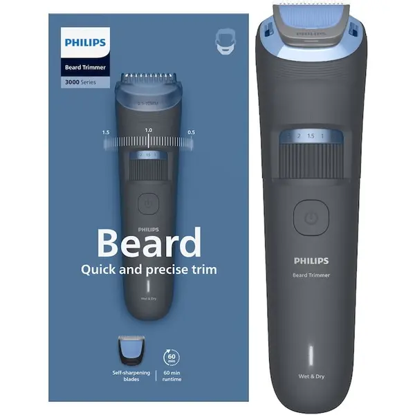 Philips Aparat de tuns barba Philips Beard Trimmer Seria 3000 BT3617/15, lame cu autoascutire, 20 de setari de lungime, piepten ajustabil pentru barba (0,5-10 mm), autonomie 60 min