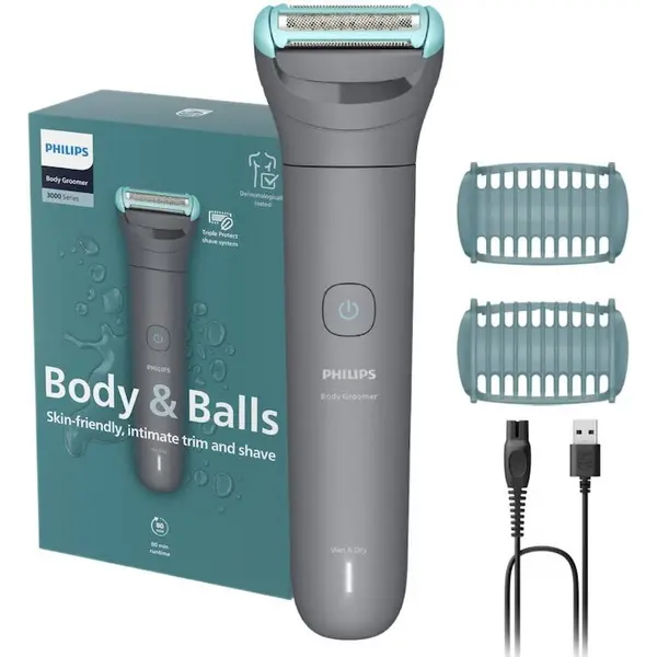 Philips Aparat de tuns corporal Philips Body Groomer Seria 3000 BG3480/15, cu sita metalica hipoalergenica, 2 piepteni bidirectionali, cablu USB pentru incarcare, autonomie 80 min