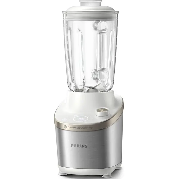 Philips Blender de mare viteza Philips HR3760/01, 1500 W, vas de sticla 2l, corp din metal alb, ecran LED si buton, Alb