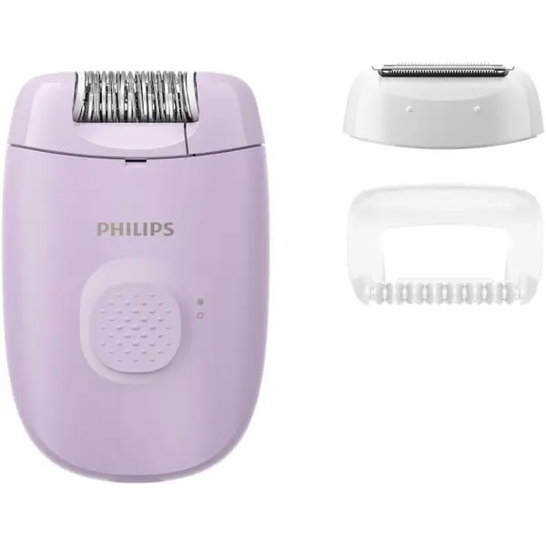 Philips Epilator compact cu fir, Philips Seria 2000 BRE237/00, 1 setare de viteza, cap de epilare lavabil, 2 accesorii pentru corp si zone sensibile, lumina LED, Lila