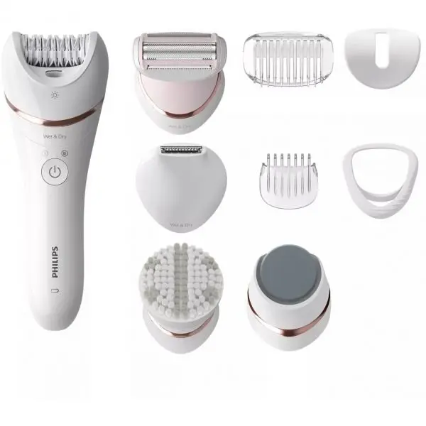 Philips Epilator umed si uscat Philips BRE740/10, 9 accesorii, 32 pensete, utilizare fara fir, 2 setari viteza, opti-light, discuri ceramice, Argintiu