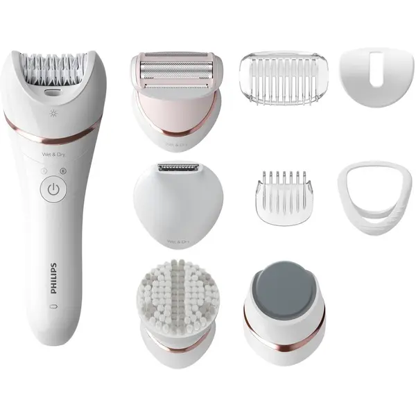 Philips Epilator umed si uscat Philips Seria 9000 BRE740/90, 12 accesorii, 32 pensete, utilizare fara fir, 2 setari de viteza, opti-light, discuri ceramice, Argintiu