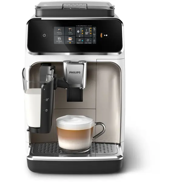 Philips Espressor automat Philips EP2333/40 seria 2300, LatteGO, 1500 W, 15 bar, 4 tipuri de bauturi, ecran tactil intuitiv, tehnologie SilentBrew, Aplicatie HomeID, rasnita ceramica, Negru-Alb