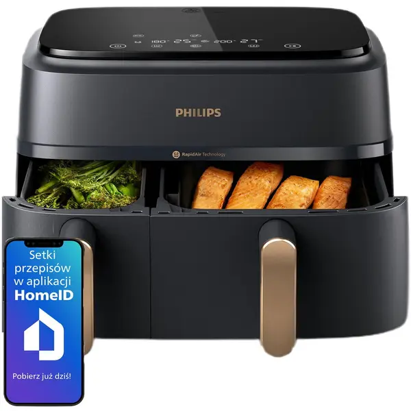 Philips Friteuza cu aer cald dubla PHILIPS Seria 3000 NA352/00, 1.5kg, 9l, 2750W, Negru-Auriu
