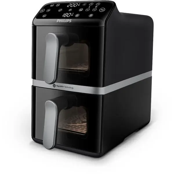Philips Friteuza cu aer cald Philips Stacked Dual Basket AirFryer Seria 4000 NA461/00, 2 cosuri (total 10l), 2750W, 40~200°C, Fereastra de gatit, 6 programe, 13 functii, Smart Copy, Shake, RapidAir, Neagra