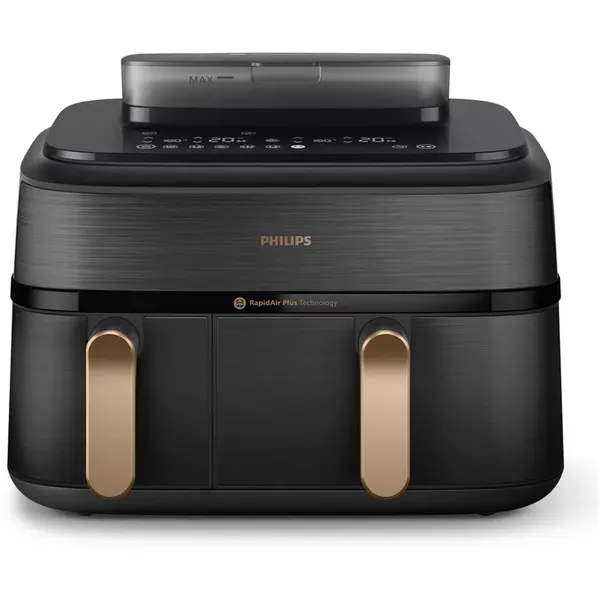 Philips Friteuza dubla cu aer cald si abur Philips Airfryer Seria 5000 NA552/00, 2750 W, 2 cosuri de gatit, capacitate 9L, afisaj digital, ecran tactil, 12 programe presetate, tehnologie RapidAir Plus, Air Steam, Negru-Aramiu