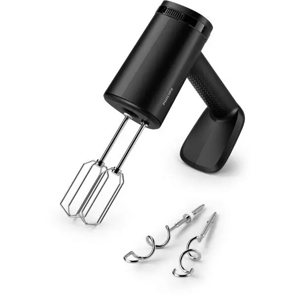 Philips Mixer de mana Philips seria 5000, HR3781/00, 500W, 5 viteze plus functie turbo, Pornire lina, Ecran LED, Design cu raza mare de actiune, Carlige din otel inoxidabil pentru aluat, Palete de sarma din otel inoxidabil, Negru