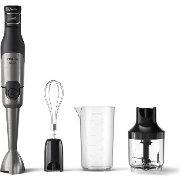 Philips Mixer vertical Philips HR2683/00 Seria 5000, 1200 W, Tehnologie SpeedTouch, Aparatoare impotriva stropirii pentru lama, Indicator de viteza cu LED, Accesorii tel si tocator, Negru-Argintiu