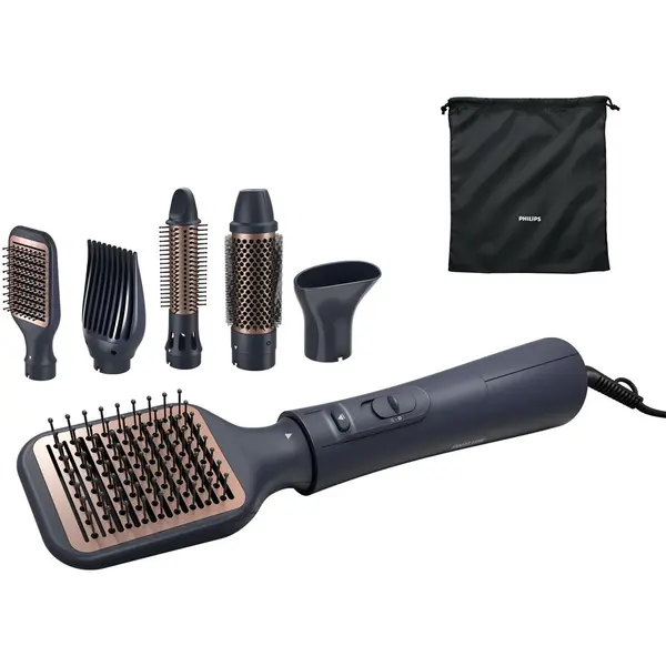 Philips Perie cu aer cald Philips Seria 5000 BHA530/00, 1000W, tehnologie de distributie uniforma a caldurii, de 4 ori mai multi ioni, 5 accesorii, diametru perie 38mm, setare temperatura de ingrijire si aer rece, accesoriu de volum, infuzata cu ulei de