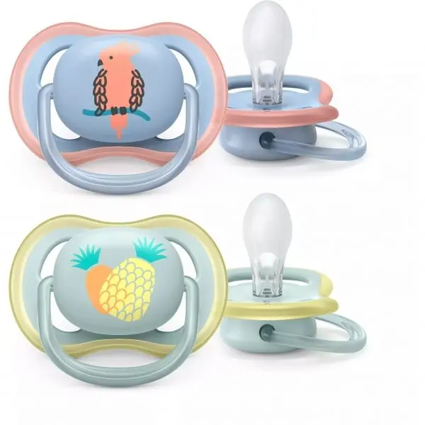 Philips Set 2 suzete Philips-AVENT SCF085/12 Ultra Air, ortodontice, 0-6 luni, Papagal / Ananas