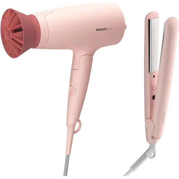 Philips Set de coafat Philips, 1600W, accesoriu Thermo Protect, 3 setari de viteza/temperatura, cap de coafare 14 mm, placi cu infuzie de cheratina, Roz piersica