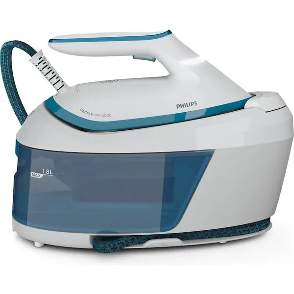 Philips Statie de calcat cu abur, cu boiler Philips PerfectCare seria 6000 PSG6022/20, talpa SteamGlide Plus, presiune pompa max. 6.5 bari, abur 130g/min, jet de abur 500g, capacitate rezervor detasabil 1.8l, tehnologia OptimalTEMP, Alb