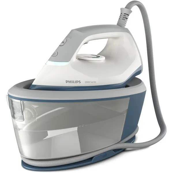 Philips Statie de calcat cu abur Philips seria 2000, 2400 W, 6 bari, jet de abur continuu 110 g pe min, Jet de abur de 300 g, Talpa ceramica, Rezervor de apa 1.4 l, Oprire automata, sitem de detartrare Smart Calc Clean, Alb-Gri-Albastru