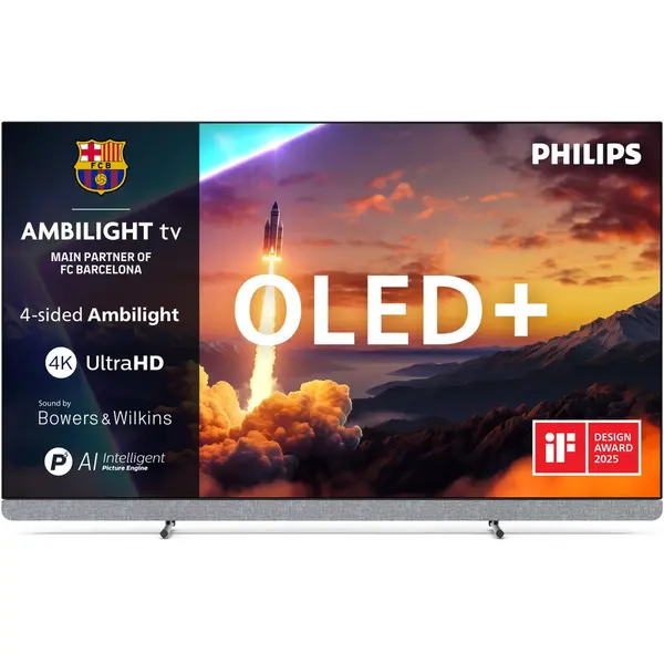 Philips Televizor Philips Ambilight TV OLED+ 55OLED910, 139 cm, Google TV, 4K Ultra HD, 100 Hz, Clasa F (Model 2025), Argintiu