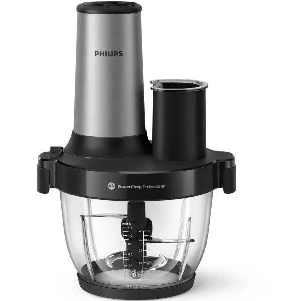 Philips Tocator Philips HR1504/00, seria 5000, 3-1, 650 W, tehnologie PowerChop, 4 lame, capacitate bol 2l, 4 viteze, material exterior metal, material bol plastic, accesorii lama de feliare, lama de razuit si lama S, Argintiu