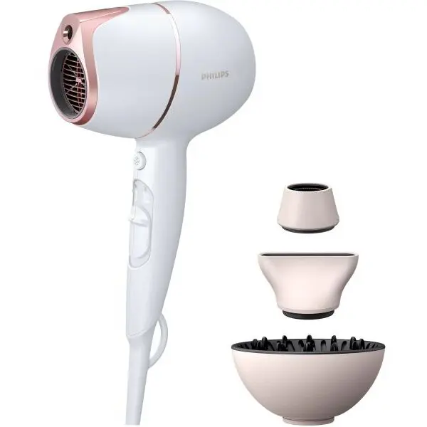 Philips Uscator de par Philips Prestige BHD628/00, senzor SenseIQ, 2 setari viteza, 3 moduri presetate de uscare, ingrijire cu ioni, design compact, difuzor de volum, cap de coafare 11 mm, cap de uscare, 1800 W, Roz-Alb