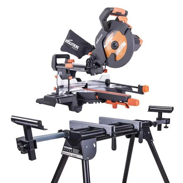 Piła ukośnicaEvolution R255SMS+ 255 mm z wielomateriałową tarczą TCT + stojak