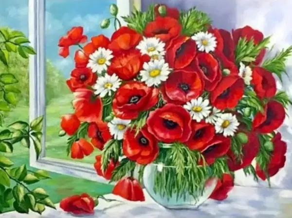 Pictură mozaic cu diamante MagicArt: Premium - Maci și margarete, 20 x 30 cm, cu mărgele rotunde + AB