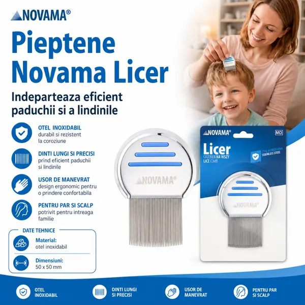 Pieptene Novama Licer pentru indepartarea paduchilor si a lindinilor, din otel inoxidabil, dinti lungi, 50 x 50 mm
