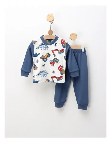 Pijama Construction & Dino, alb-albastru
