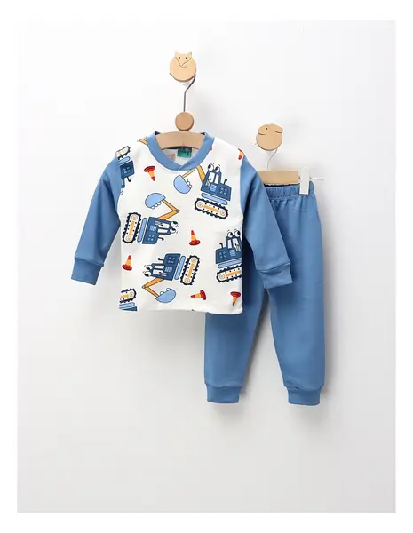 Pijama Construction Sit, alb-albastru