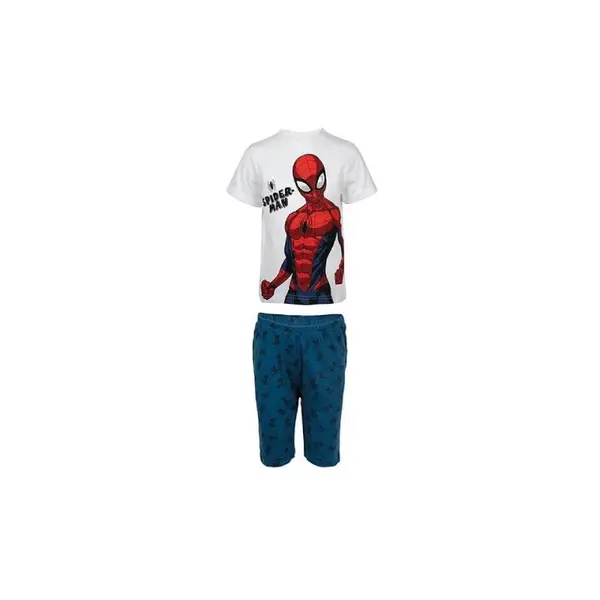 Pijama copii, cu maneca scurta, 100% bumbac, alb albastru, Spiderman, Marvel, spi220 Engros