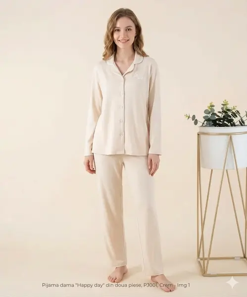 Pijama dama "Happy day" din doua piese, PJ001, Crem