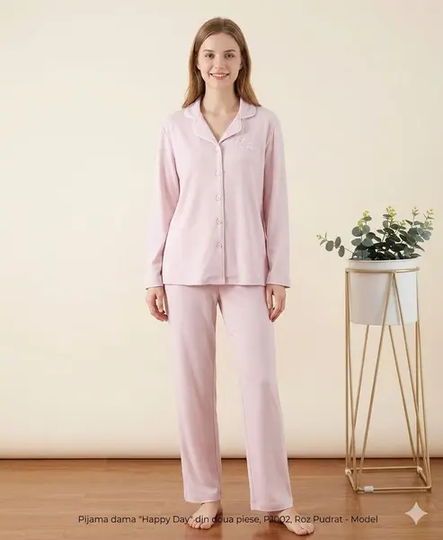 Pijama dama "Happy Day" din doua piese, PJ002, Roz Pudrat