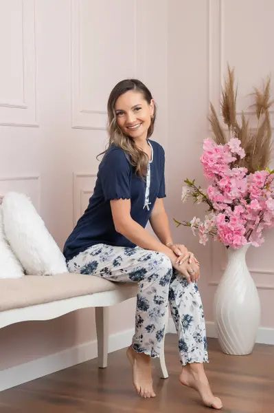 Pijama dama Mary cu imprimeu floral bleumarin