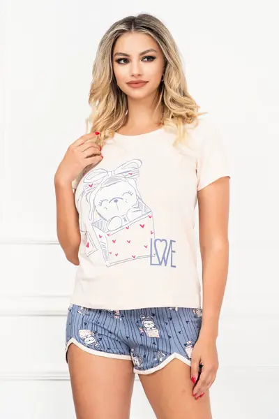 Pijama de dama trendy din doua piese cu imprimeu ursulet cu fundita