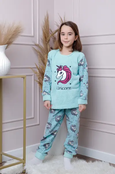 Pijama fetite Daisy din fleece bleu cu model cu unicorni