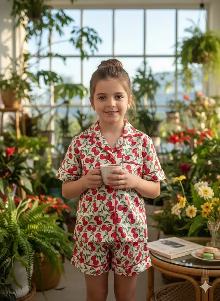 Pijama model clasic din satin imprimat cu cirese, pentru fete