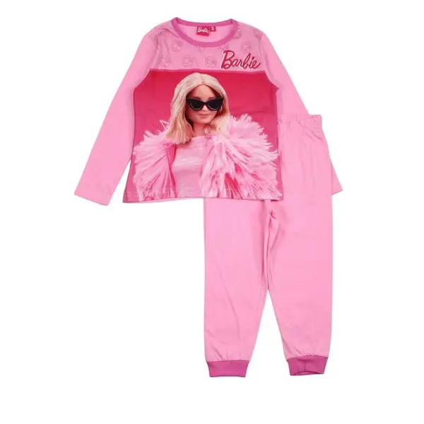 Pijamale copii cu maneca lunga, 100% bumbac, roz, Barbie Engros