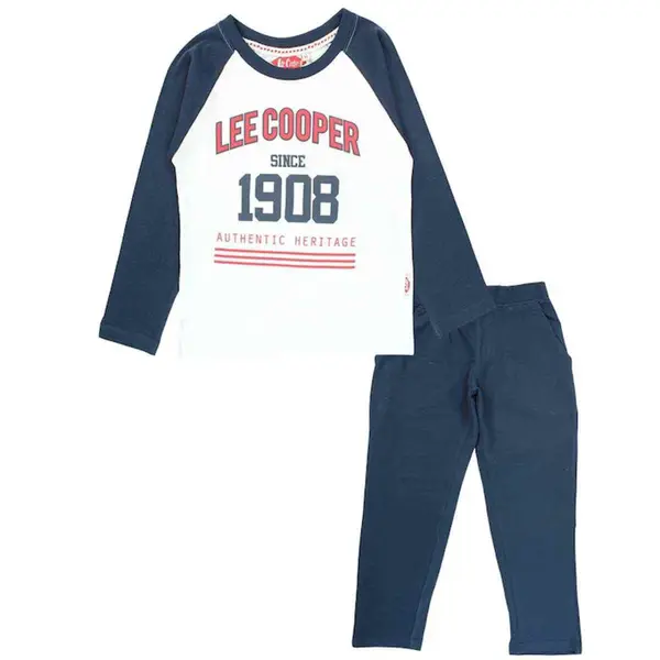 Pijamale copii cu maneca lunga, albastru alb, cu buzunare laterale, 100% bumbac, Lee Cooper Engros