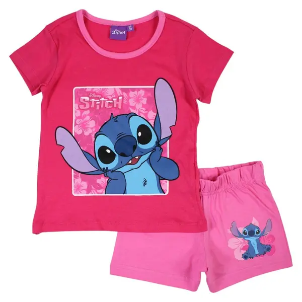 Pijamale copii cu maneca scurta, 100% bumbac, roz, Happy, Stitch Engros