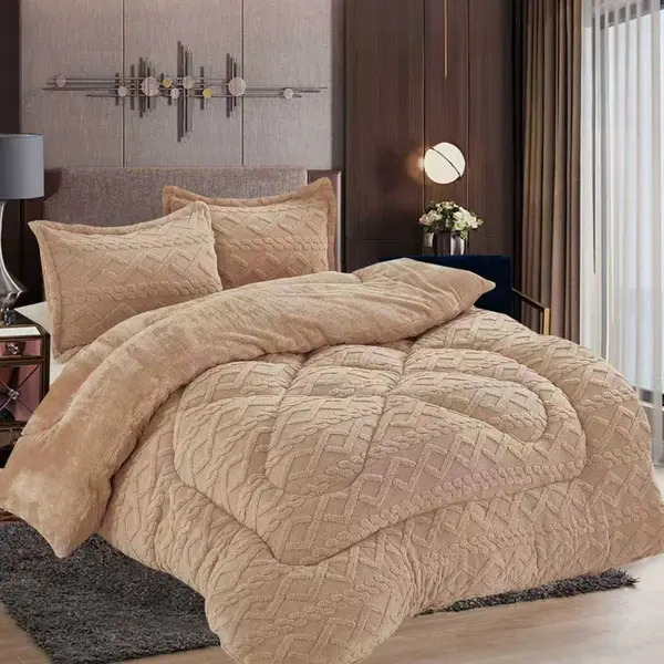 Pilota Cocolino gofrat 3D tricotaj, cu blanita asortata, 200x230cm si 2 fete de perna 50x70cm, Bej