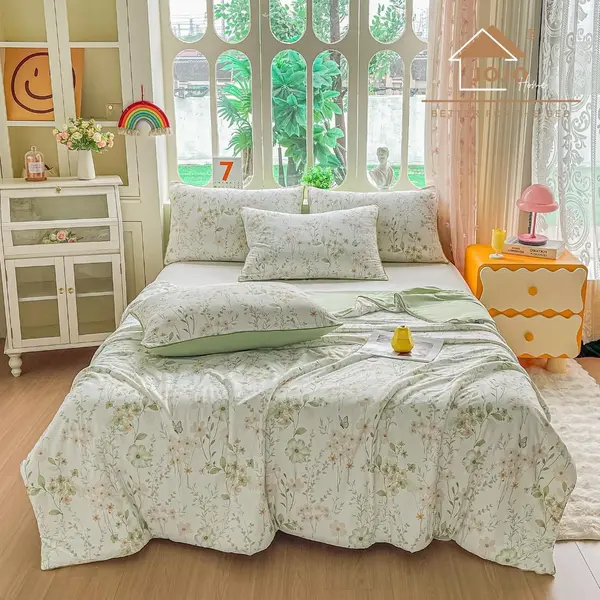 Pilota de Vara Racoritoare Ice Touch, 200x230cm + 2 fete de perna 50x70cm - Ultra Usoara, Efect Instant de Racorire si Confort Maxim, Vernil, Floricele