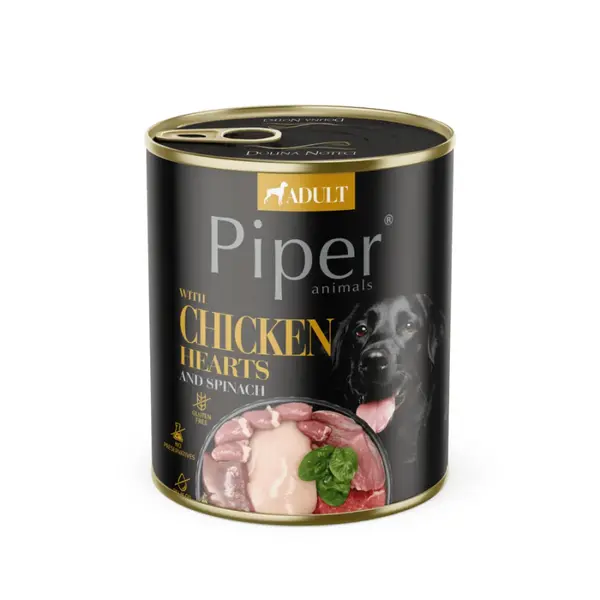 PIPER Animals, XS-XL, Inimi de Pui și spanac, conservă hrană umedă câini, (în aspic), 800g PIPER Animals, XS-XL, Inimi de Pui si Spanac, conservă hrană umedă câini, (în aspic), 800g