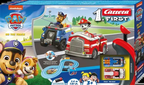 Pistă Carrera - Patrula Cățelușilor, cu două mașinuțe, 2.4 m, 1:50