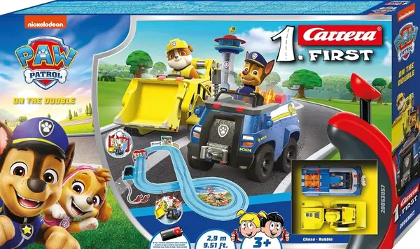 Pistă Carrera - Patrula Cățelușilor, cu două mașinuțe, 2.9 m, 1:50