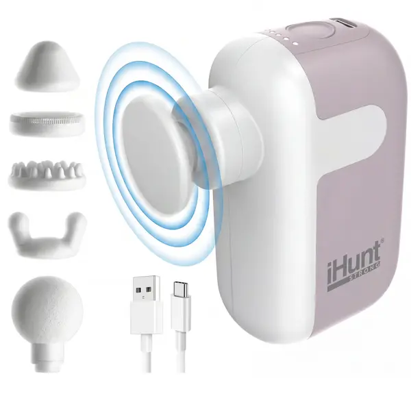 Pistol de Masaj Profesional iHunt SPA PulseGun Ultra, 25W, 5 Trepte de Viteza, 5 Capete de Masaj, Baterie 1500mAh, Alb Roz