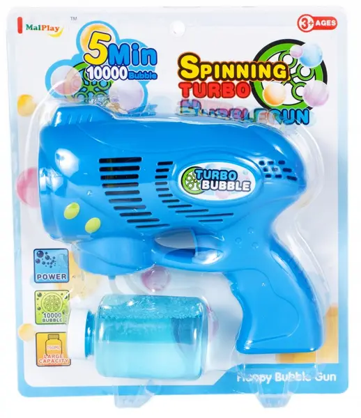 Pistol generator baloane de sapun cu baterii, 5 orificii, randament 10.000 bule in 5 minute, 17 x 7 cm, Turbo Bubble Blue