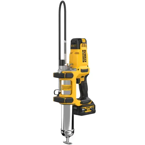 Pistol profesional de gresare/lubrifiere pe acumulator DeWALT DCGG581P1G, 18V XR, 2 viteze, furtun flexibil 1.2 m, turatie variabila, presiune maxima 690 bar, pompa 255ml/min, 1x acumulator Li-Ion 5Ah rezistent la ulei, iluminare LED, geanta textila