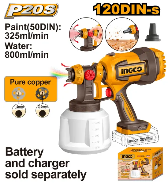 Pistol Vopsit 20V INGCO CSGLI2004 cu Functie Suflare Prafului, Debit 800ml/min, Rezervor 1000ml si Duze Cupru pentru Vopsire Profesionala