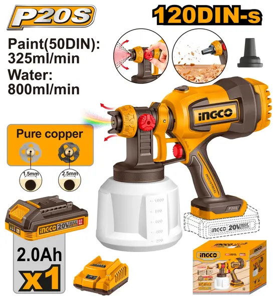 Pistol Vopsit Electric 20V 800ml/min Rezervor 1000ml cu Acumulator 2Ah si Incarcator CSGLI20042E – pistol pulverizare vopsea reglabil INGCO
